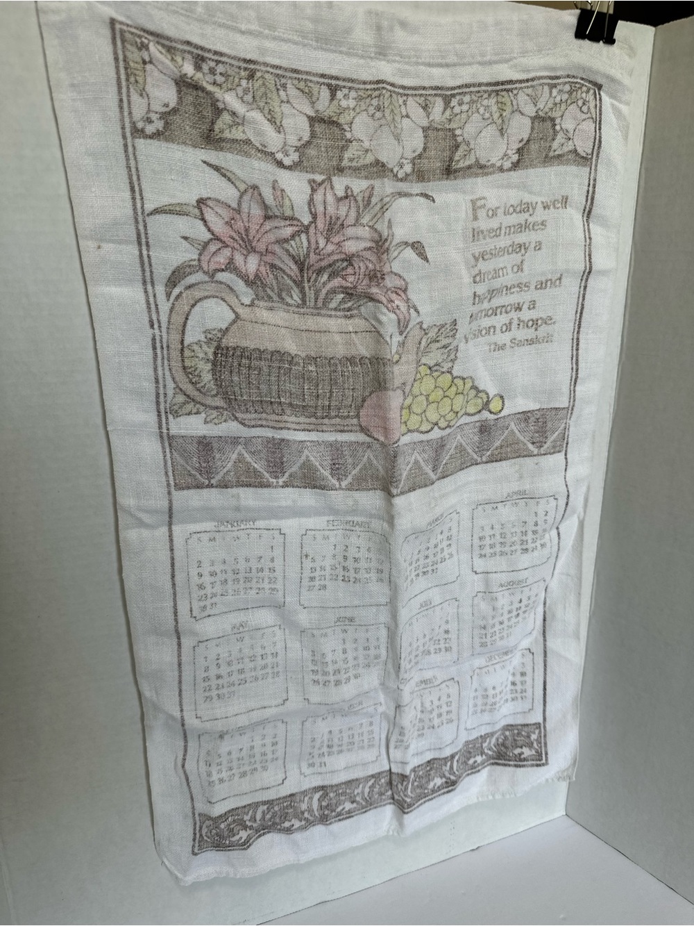 Decorative Floral Calendar Linen Kitchen Towel - White with Pink Accents
